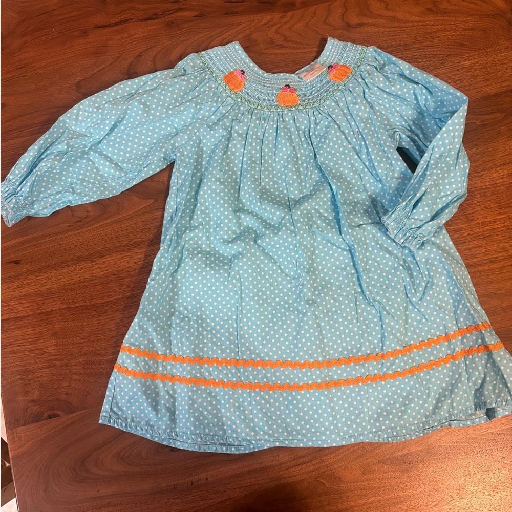 Blue Polka Dot Dress with orange pumpkin with bows pumpkin smocked dress